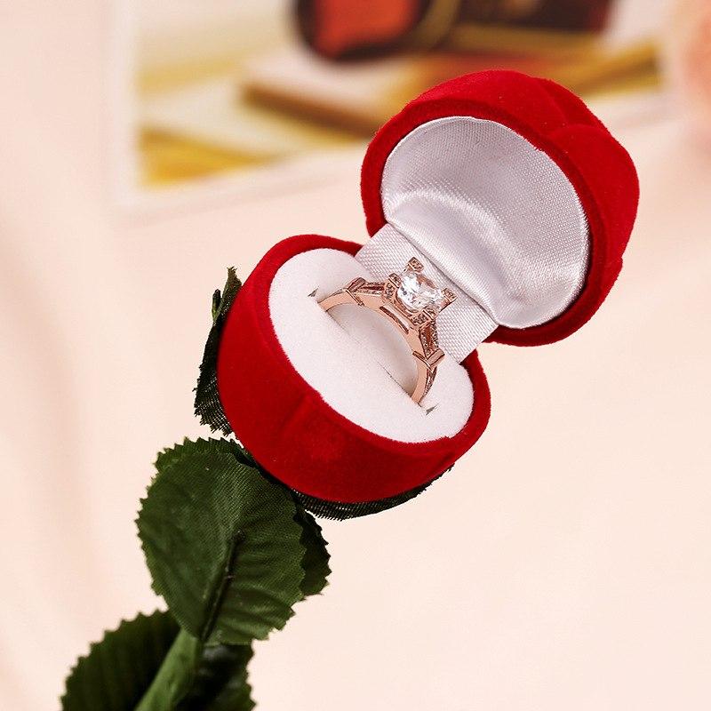 High Grade Flocking Wedding Party Red Rose With Leaf Ring Jewelry Box Ring Display Box